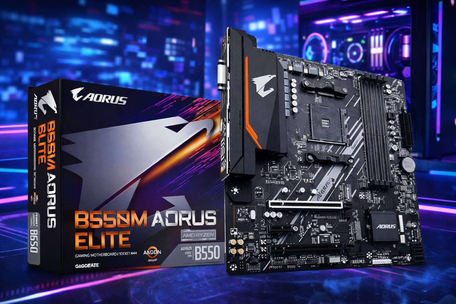 Placa Mãe Gigabyte B550M AORUS ELITE (AM4/DDR4/HDMI/M.2(PCIe,NVMe,SATA3)/VRM Solution/USB3.2) - B550M AORUS ELITE