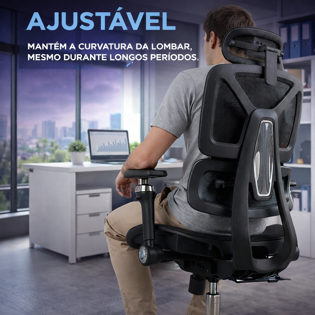 Cadeira Ergométrica Escritório Ajuste Lombar Mesh Malha Tecido Respirável Comfy Giratória Braços 6D 