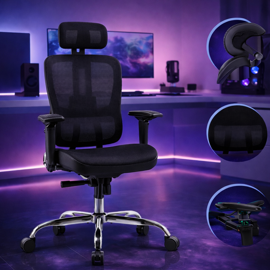 Cadeira Ergométrica Escritório Ajuste Lombar Mesh Malha Tecido Respirável Comfy Giratória Braços 6D 