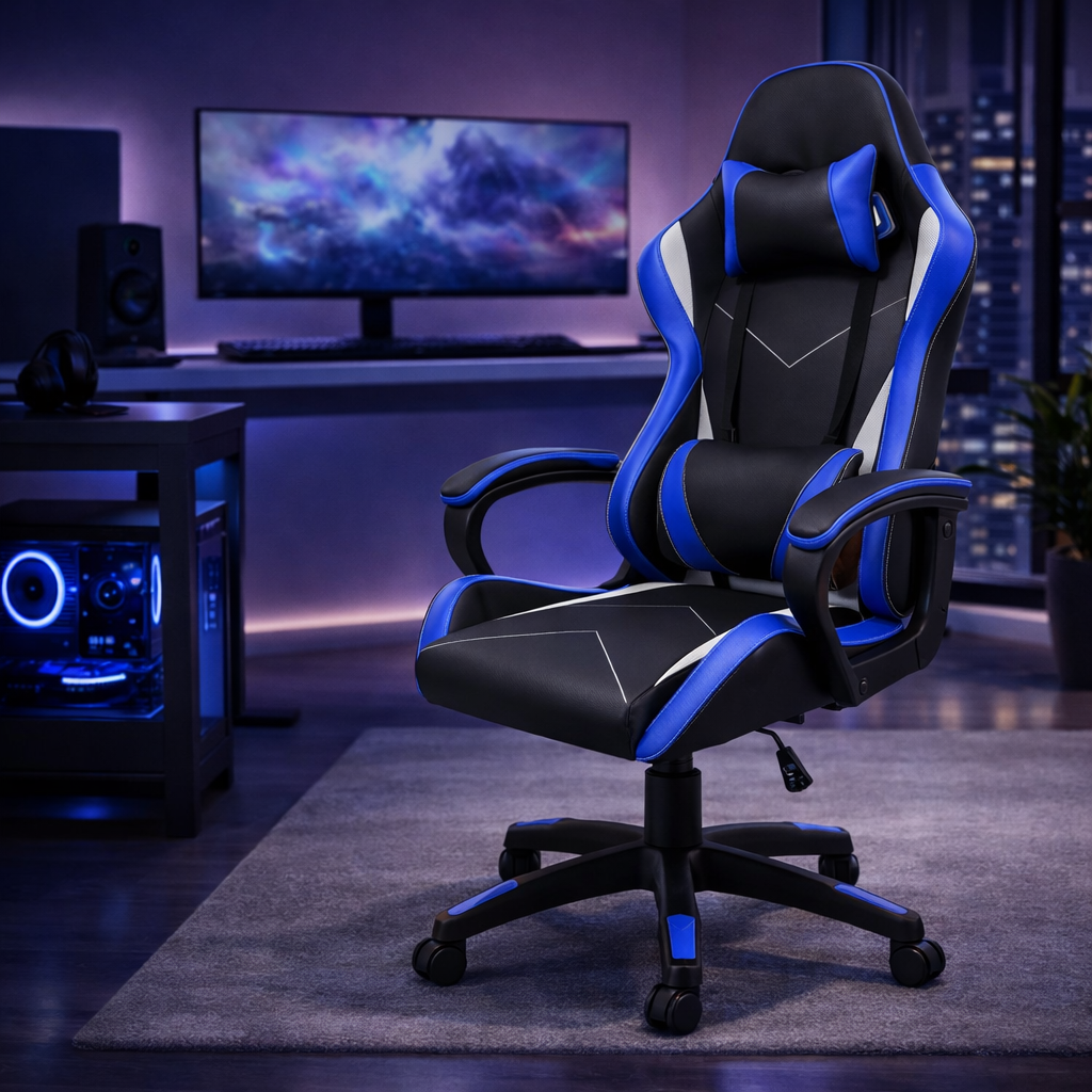 Cadeira gamer com encosto alto, apoios de braços fixos em quatro pontos, altura ajustáve