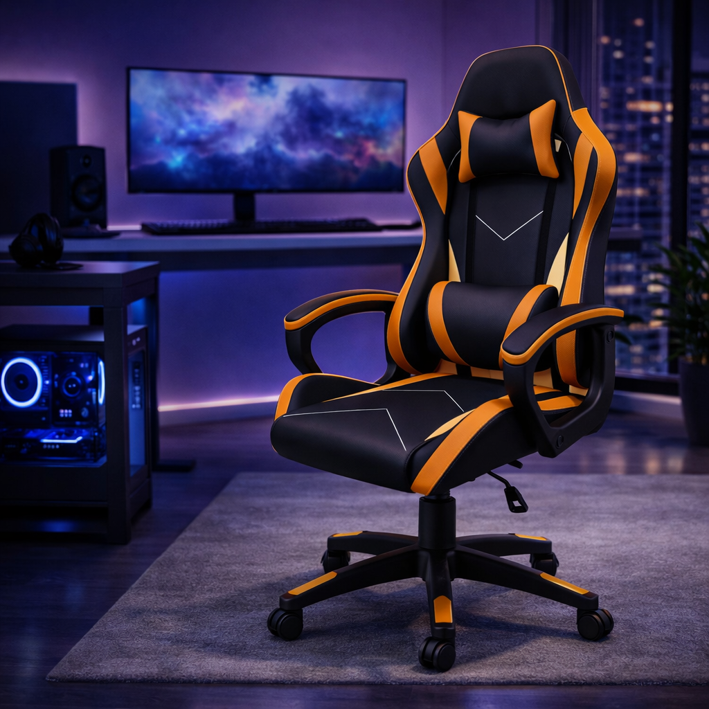 Cadeira gamer com encosto alto, apoios de braços fixos em quatro pontos, altura ajustáve