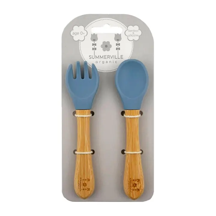 Kūdikių valgymo įrankių rinkinys – bambukas + silikoninas MĖLYNAS