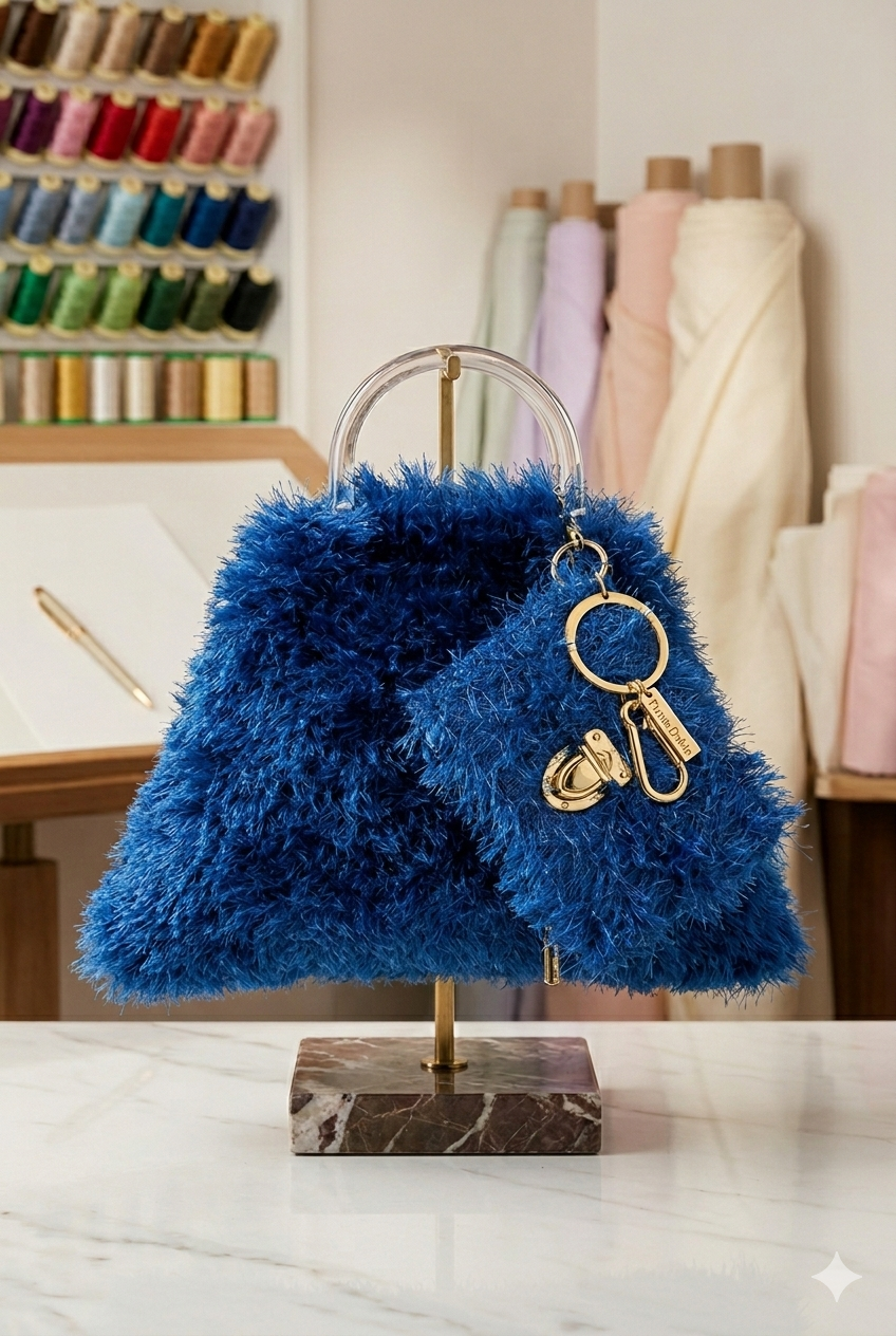 Blue Faux Fur Handbag Set