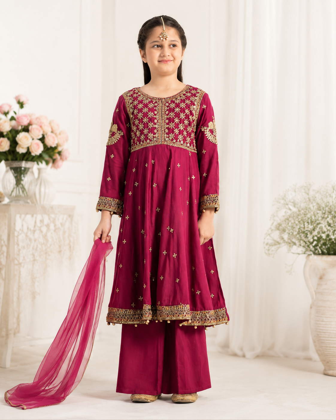 Girls Maroon Embroidered Gharara Suit