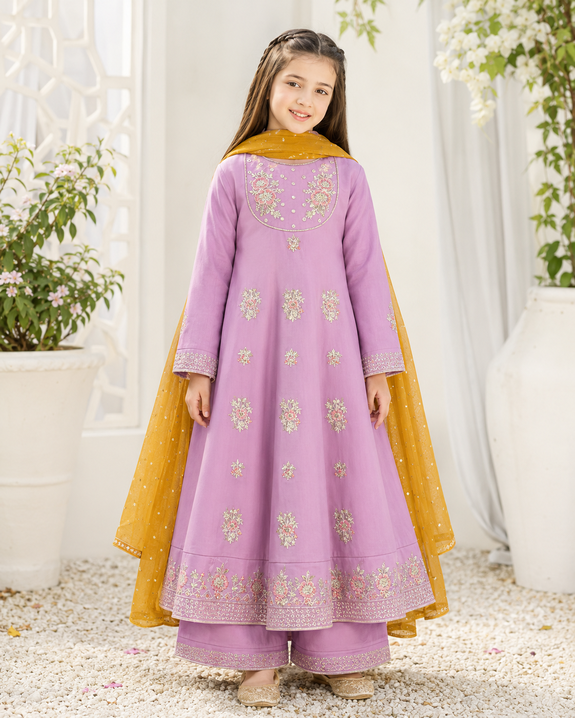Lilac Embroidered Girls' Frock Suit