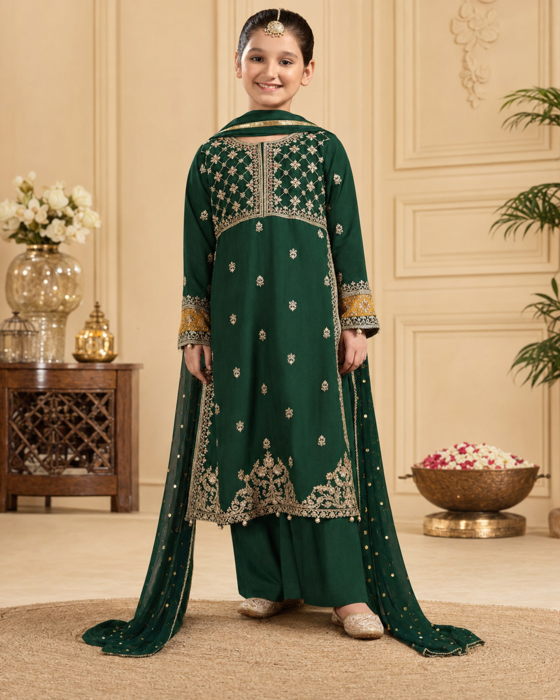 Emerald Green Embroidered Kids Suit