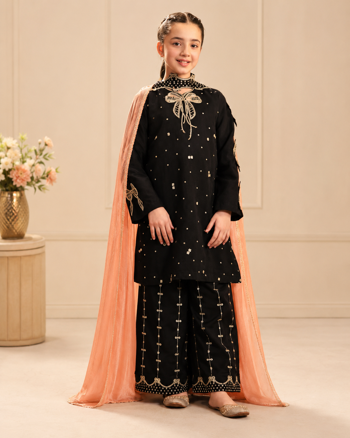 Girls' Black Embellished Formal Suit