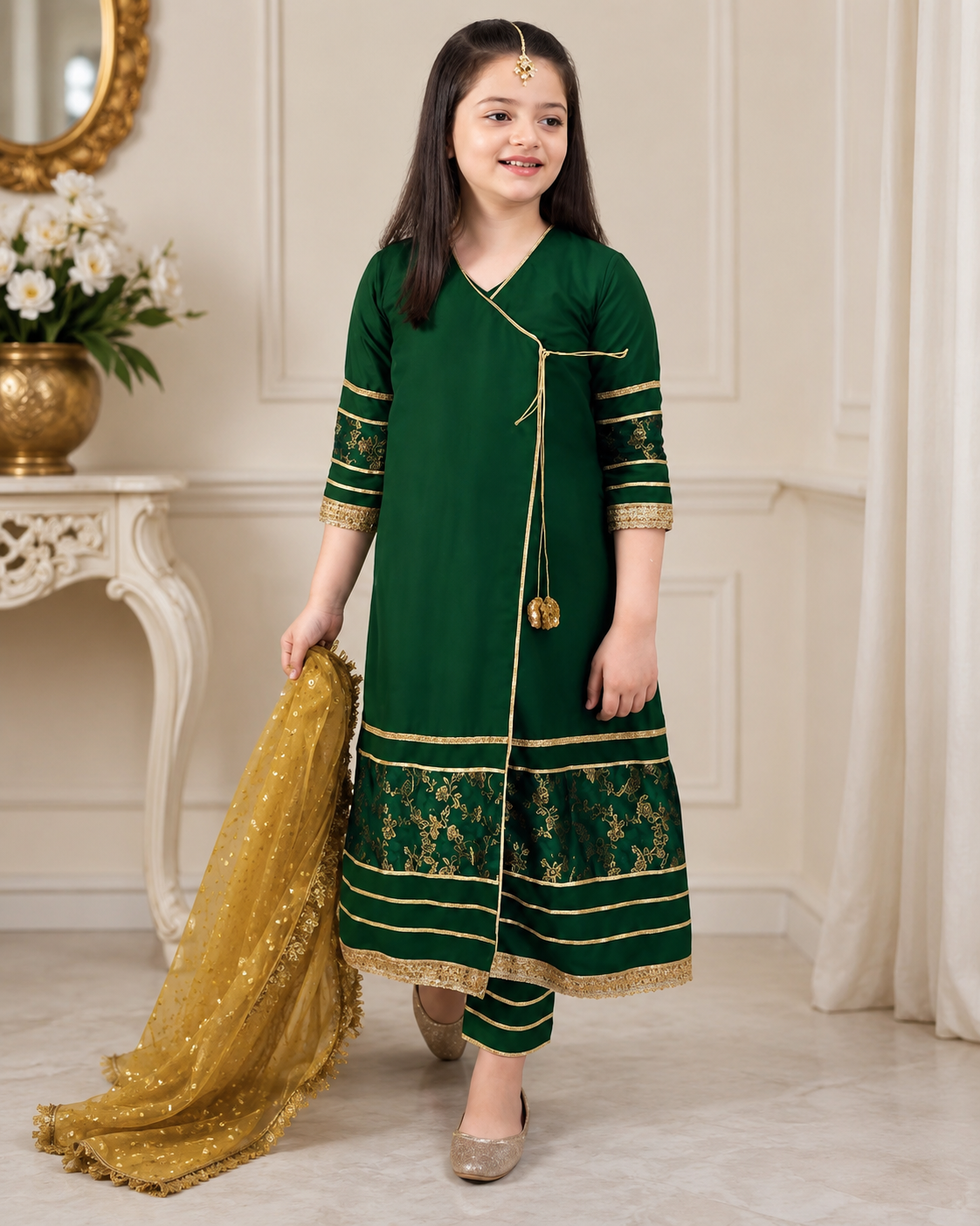 Girl's Festive Green Embroidered Suit