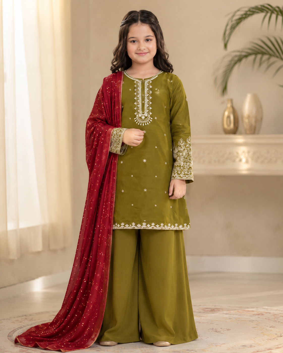 Embroidered Olive Green Girls Suit
