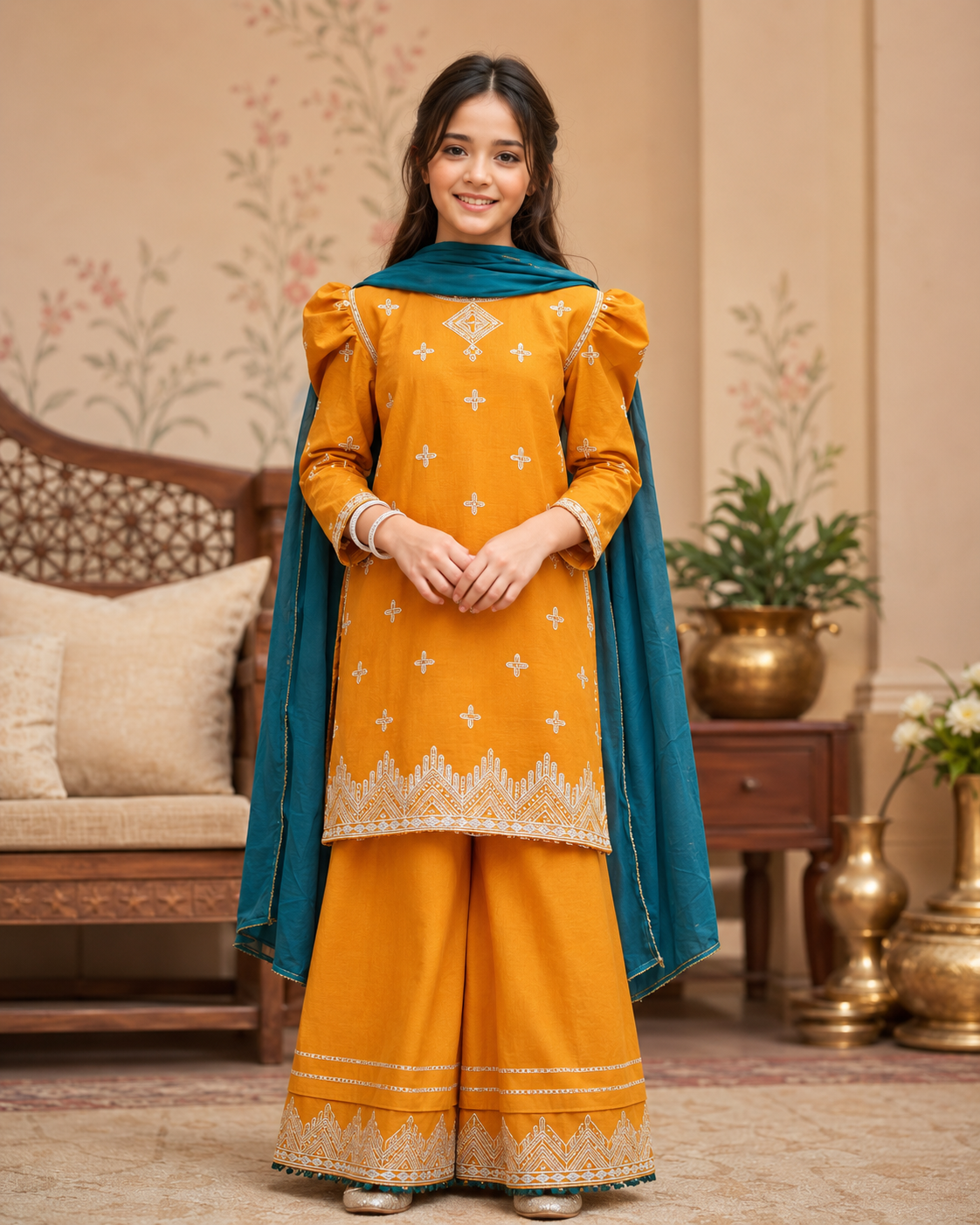 Mustard Embroidered Kids Suit
