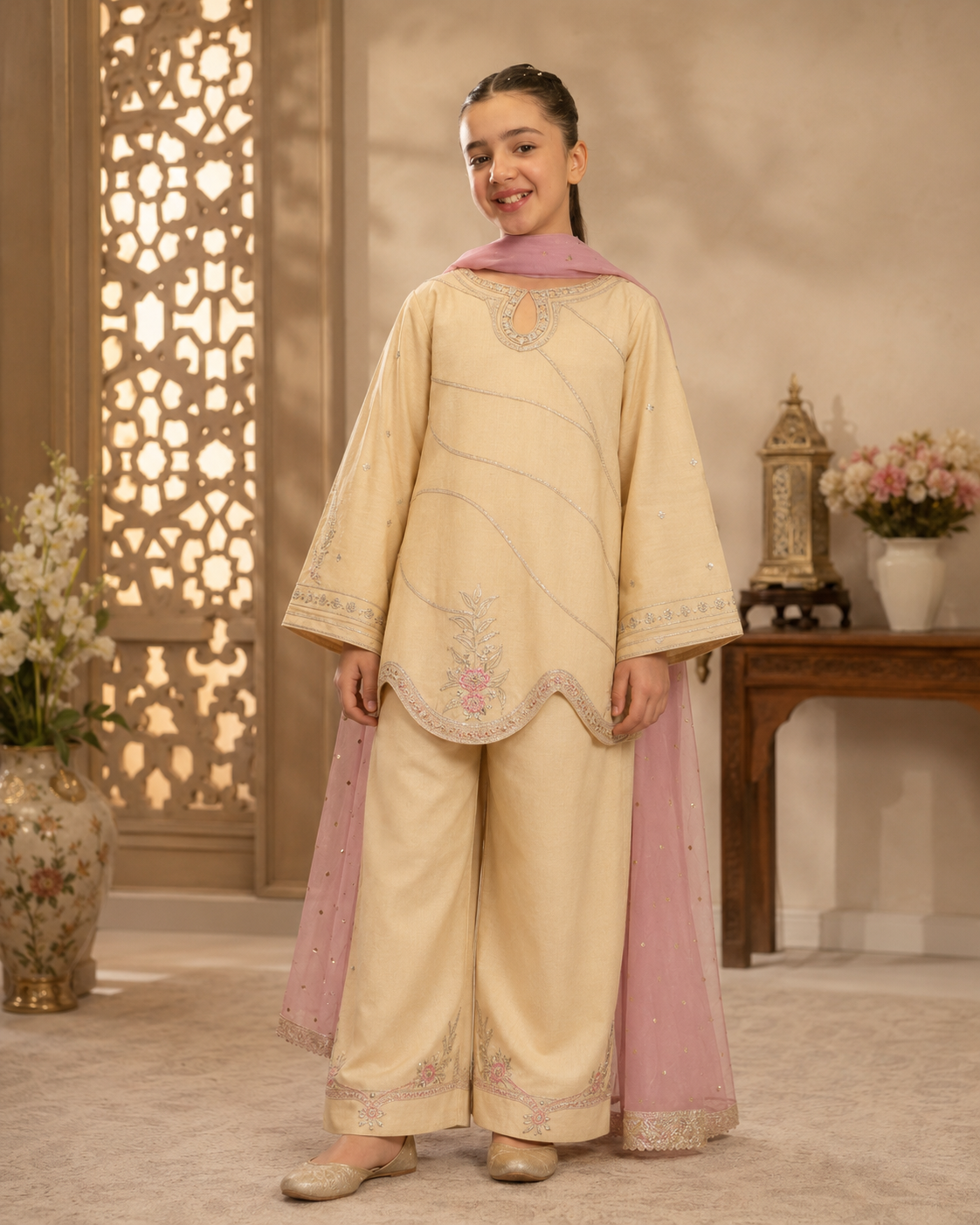 Embroidered Beige Girls Suit
