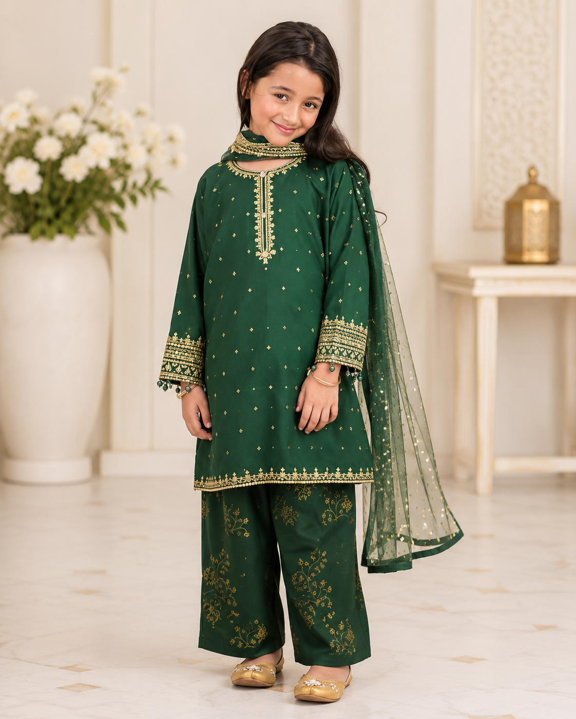 Girls' Festive Green Shalwar Kameez