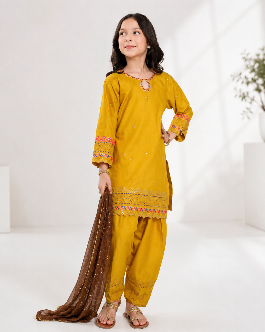 Golden Embroidered Kids Shalwar Kameez
