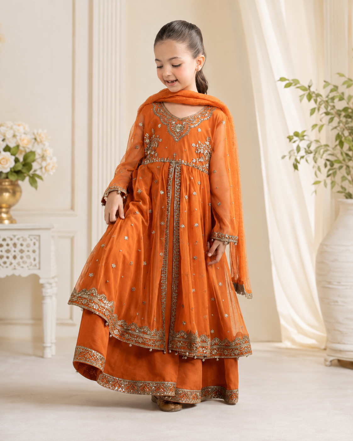 Embroidered Orange Kids Formal Dress