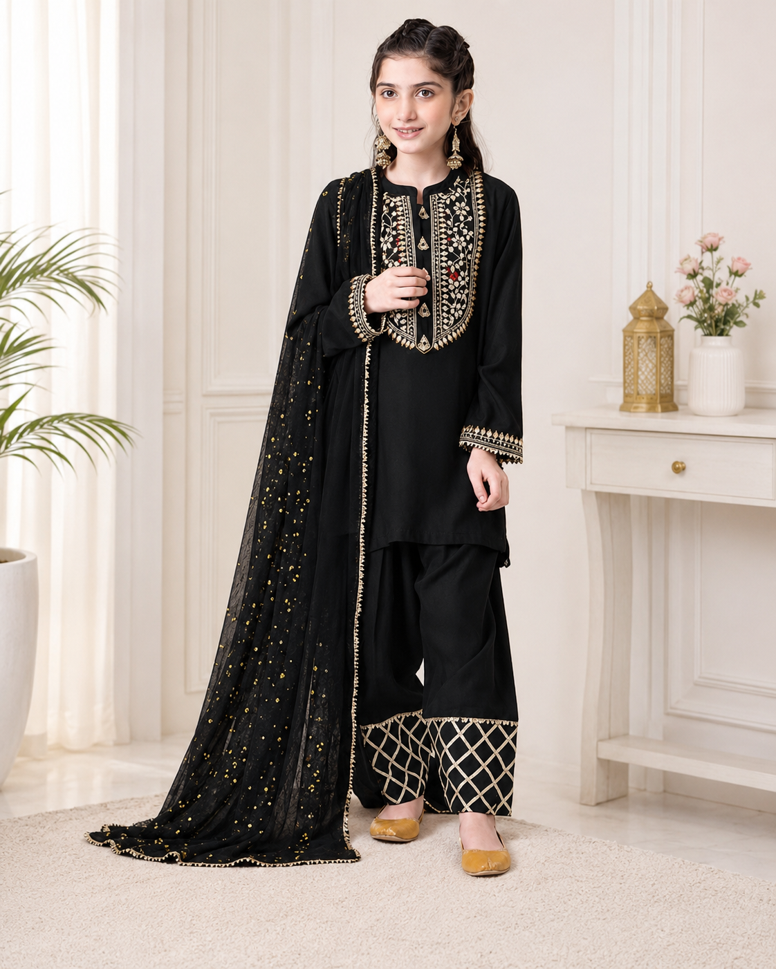 Girls' Black Embroidered Festive Suit
