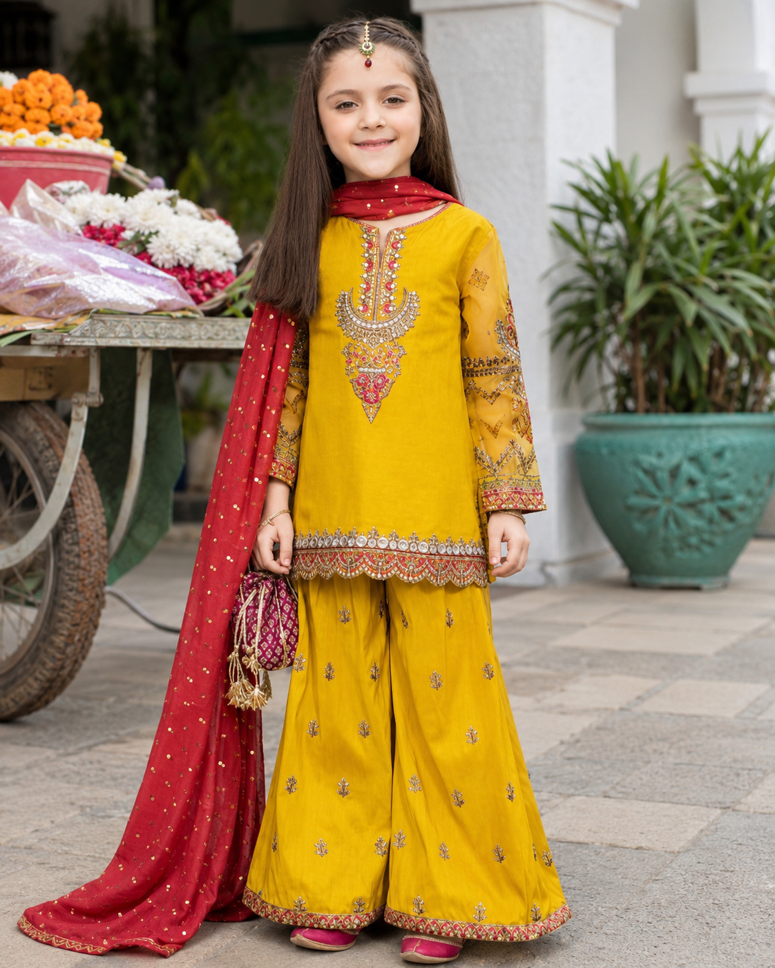Embroidered Yellow Girls Festive Suit