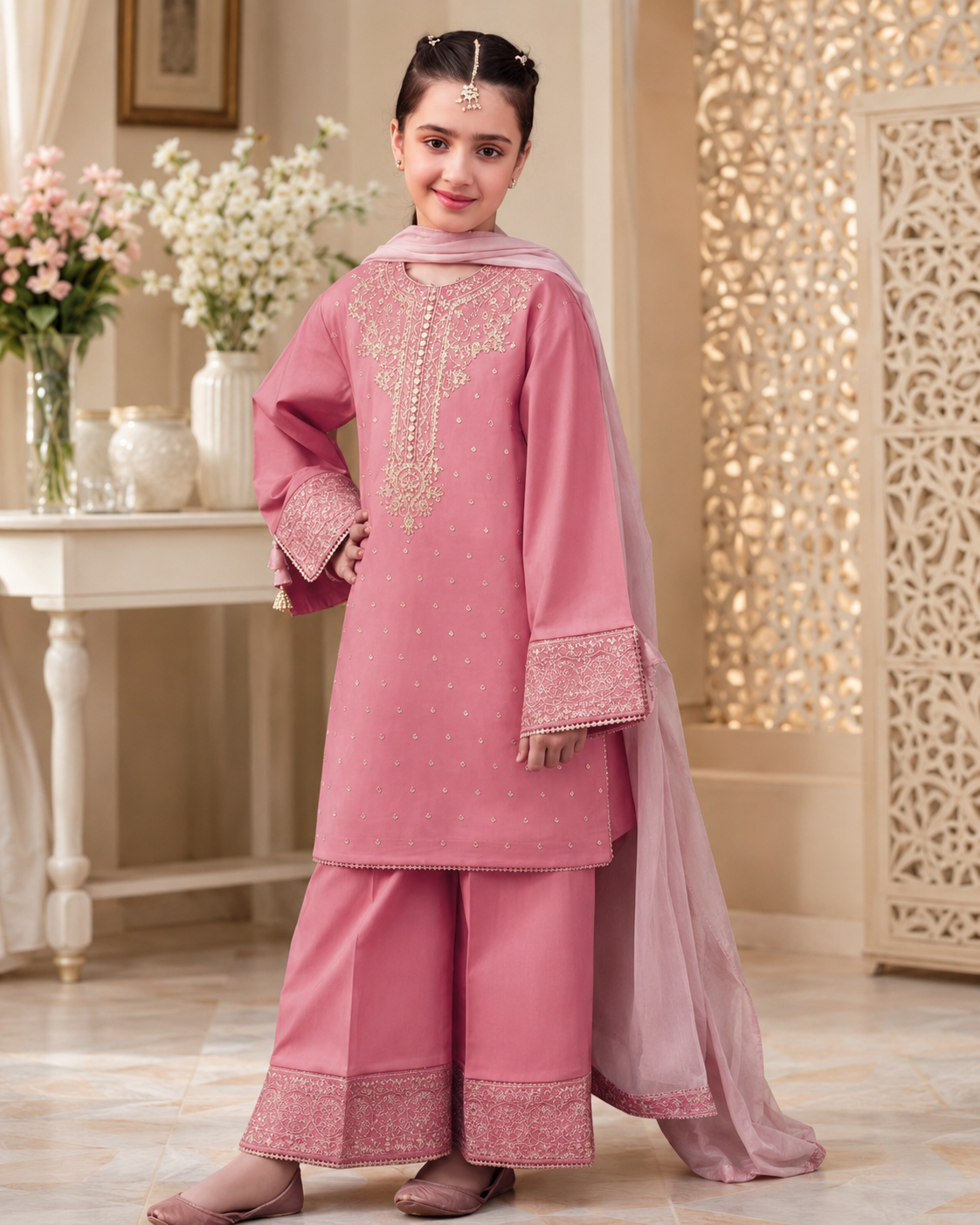Embroidered Pink Kids Shalwar Kameez