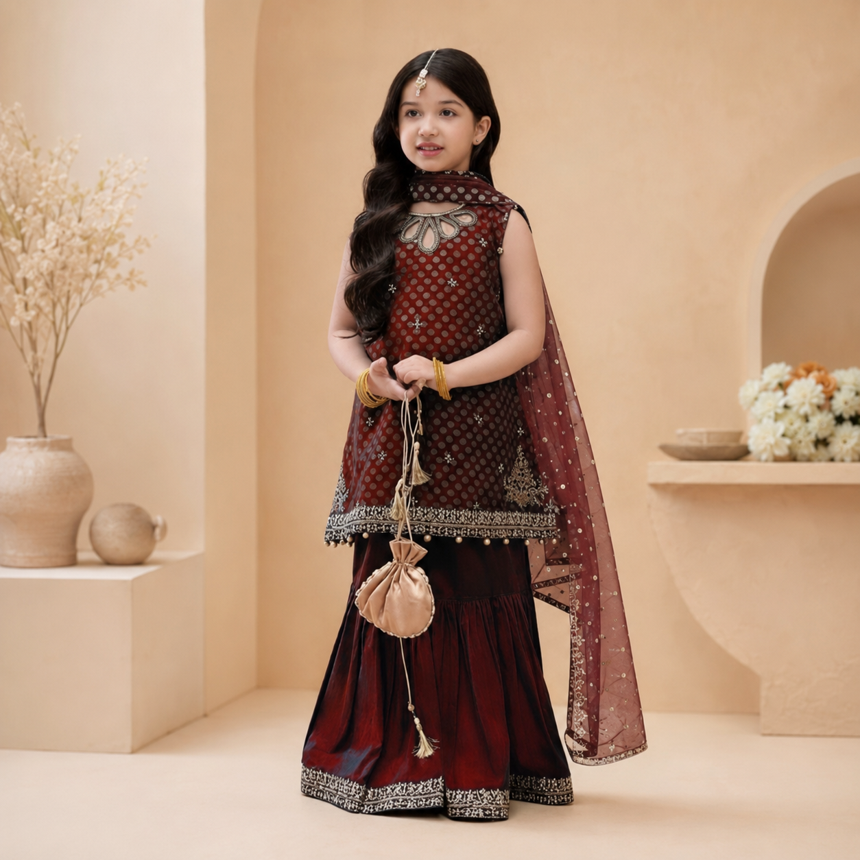 Girls Maroon Ethnic Sharara Set