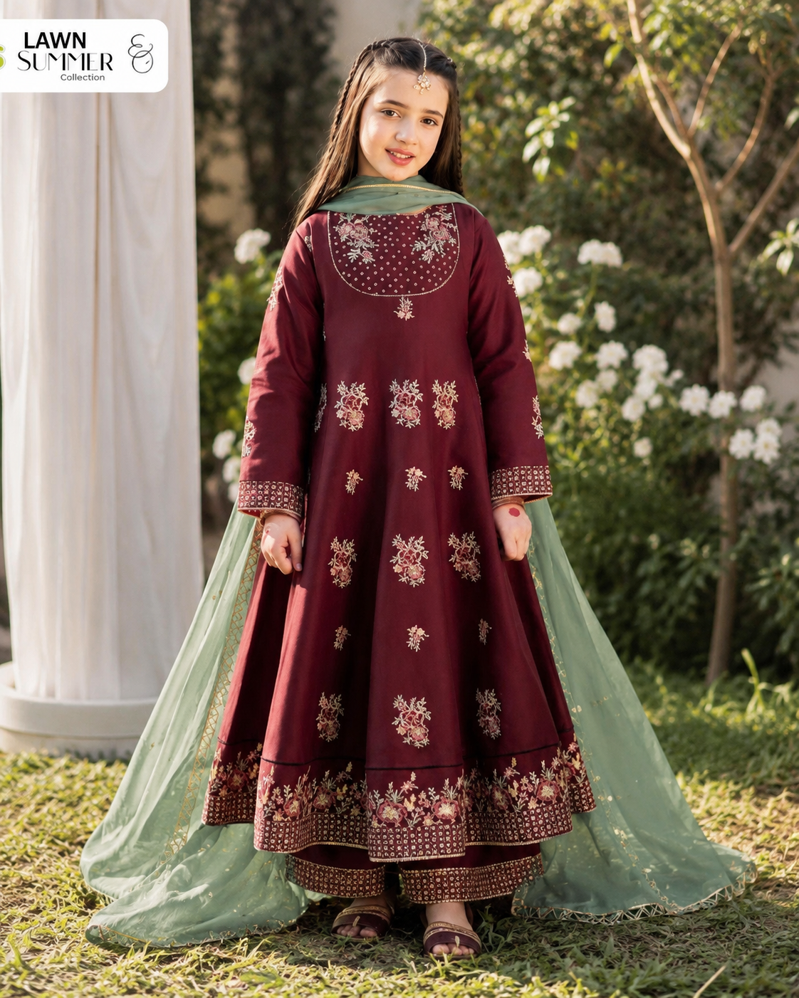 Maroon Embroidered Lawn Frock for Girls