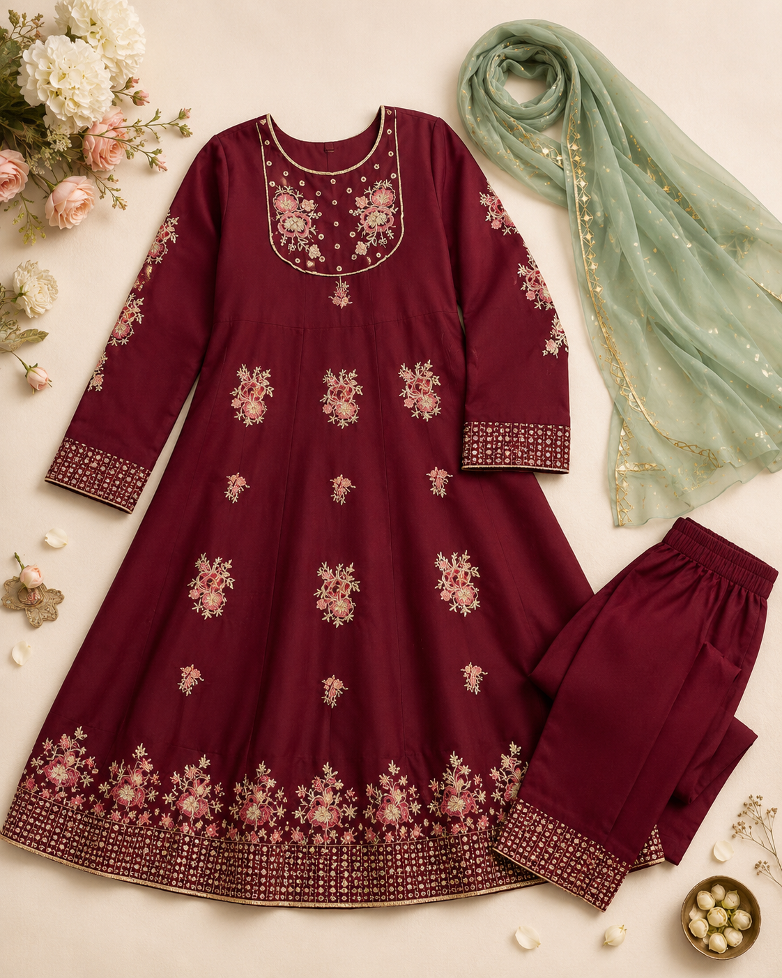 Maroon Embroidered Lawn Frock for Girls