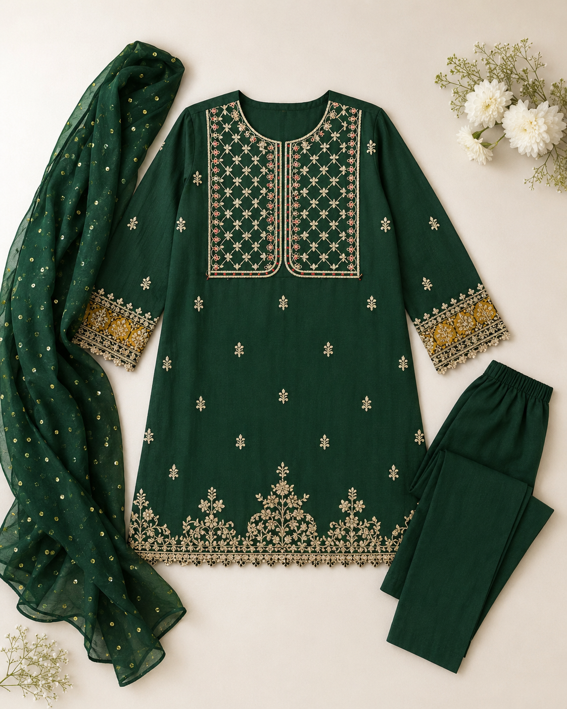 Emerald Green Embroidered Kids Suit