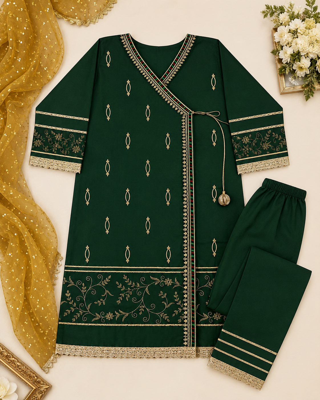 Girl's Festive Green Embroidered Suit
