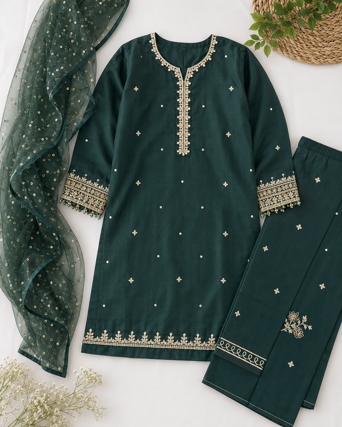 Girls' Festive Green Shalwar Kameez