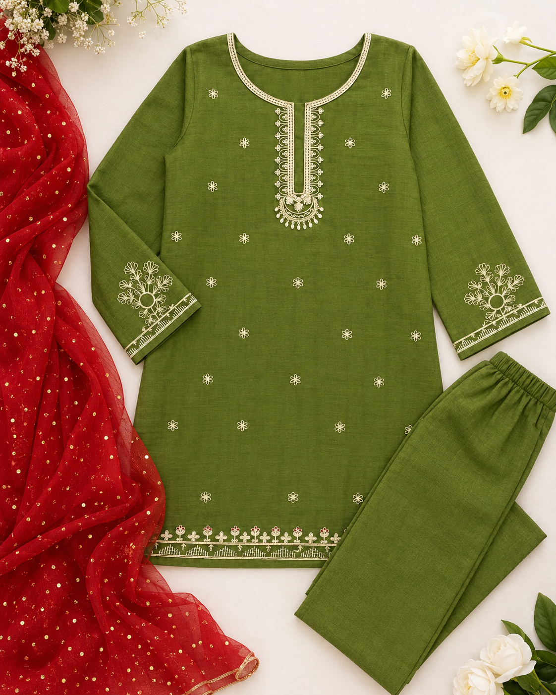Embroidered Olive Green Girls Suit