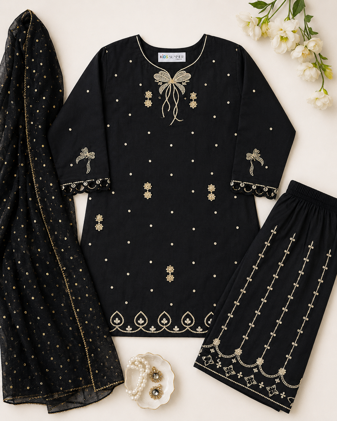 Girls' Black Embellished Formal Suit