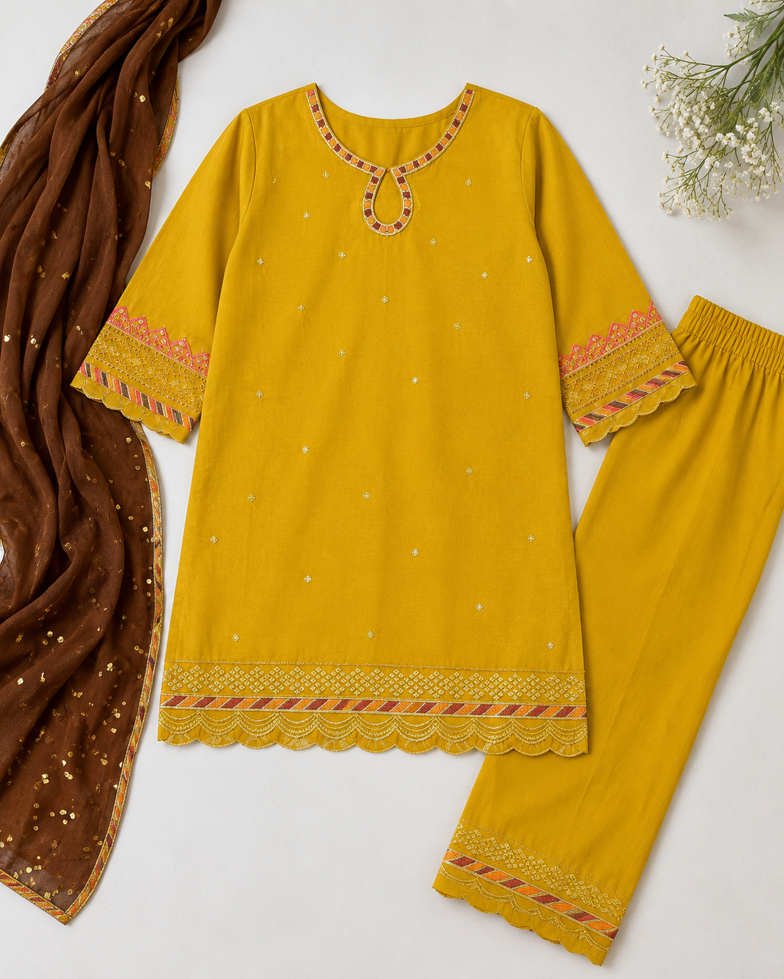 Golden Embroidered Kids Shalwar Kameez