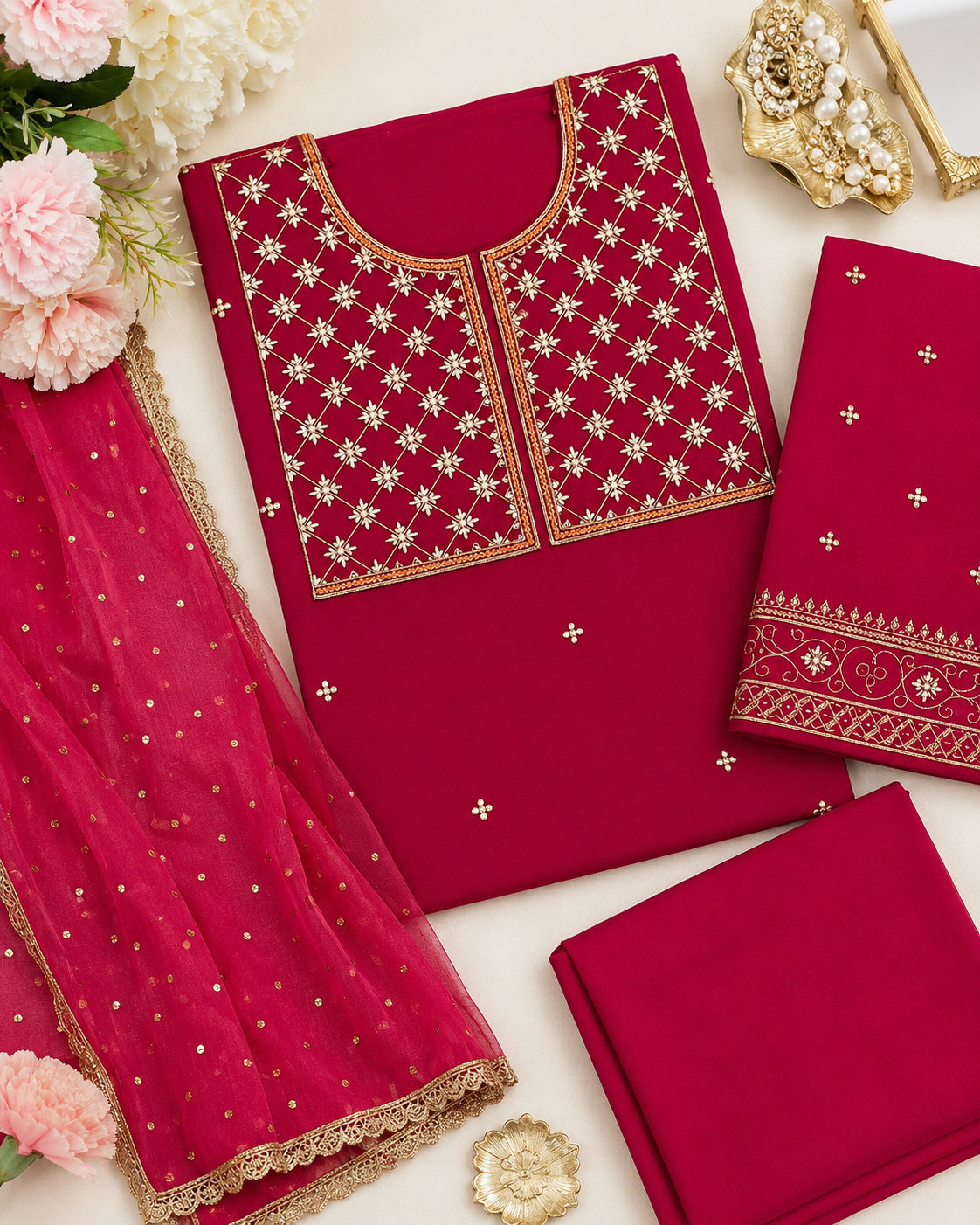 Girls Maroon Embroidered Gharara Suit