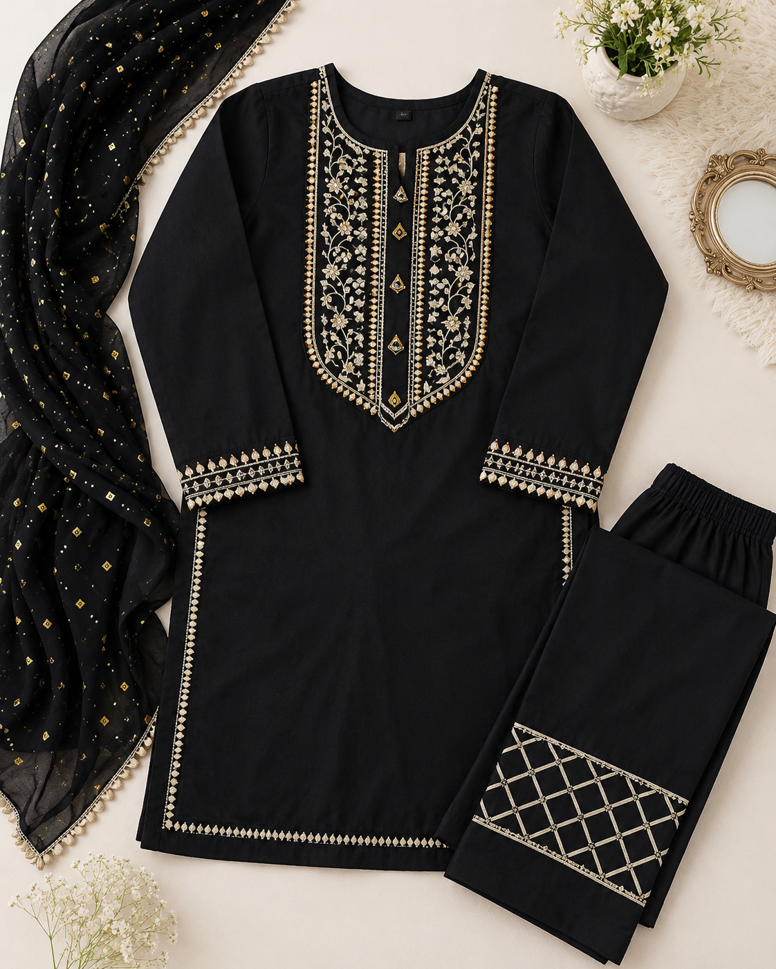 Girls' Black Embroidered Festive Suit