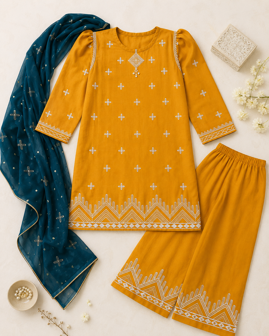Mustard Embroidered Kids Suit