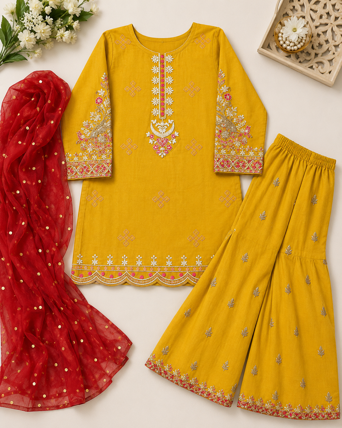 Embroidered Yellow Girls Festive Suit