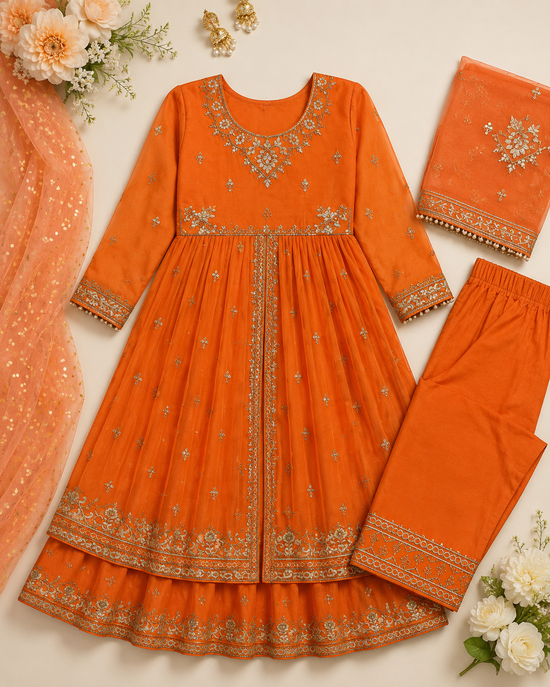 Embroidered Orange Kids Formal Dress