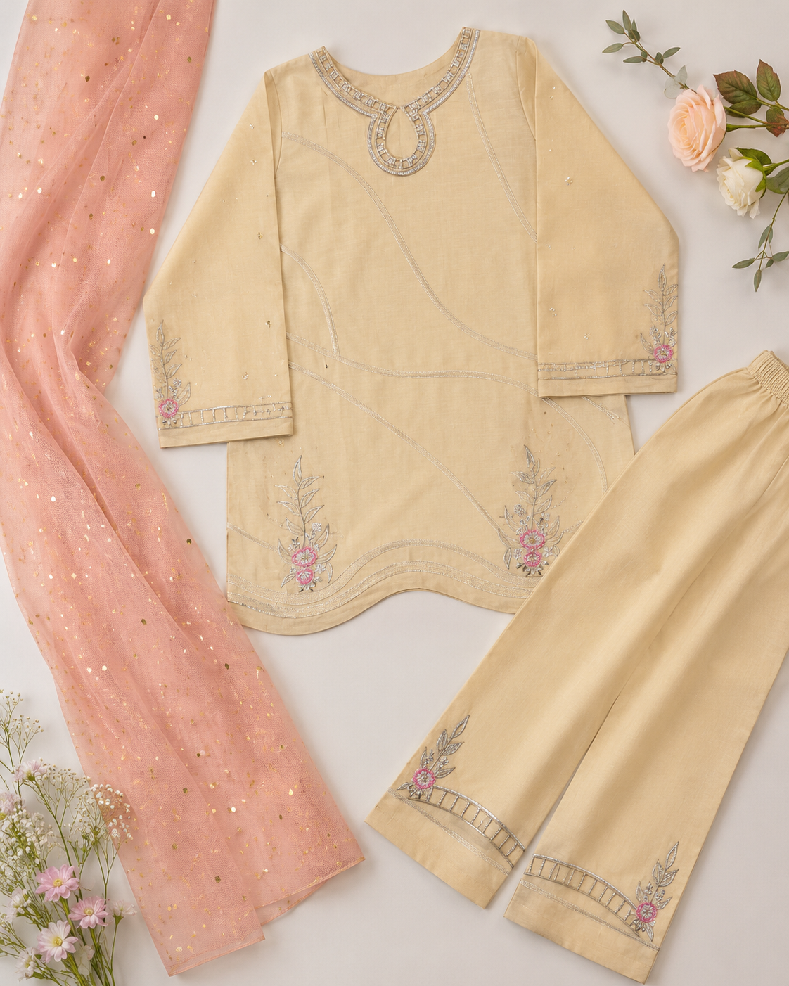 Embroidered Beige Girls Suit