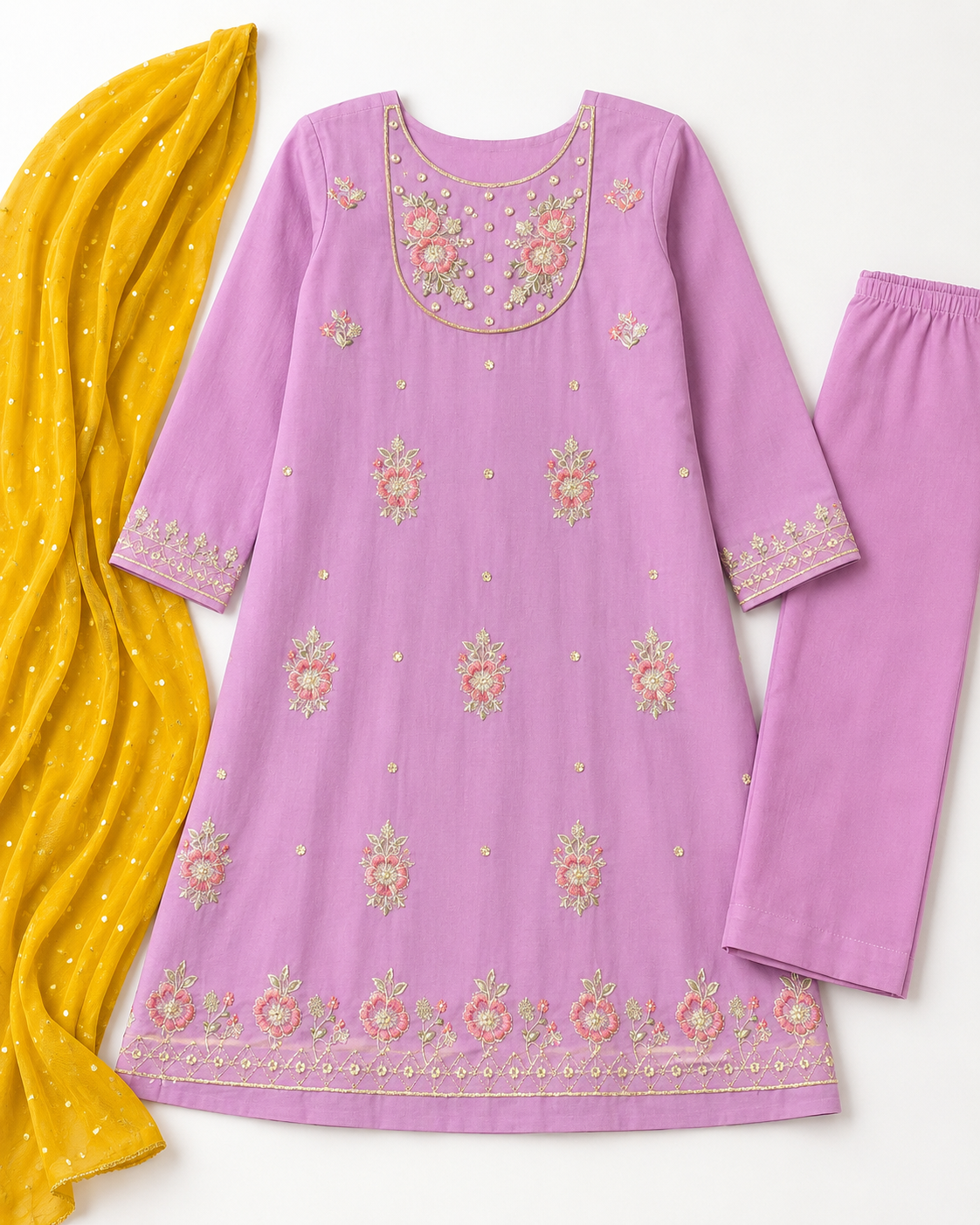 Lilac Embroidered Girls' Frock Suit