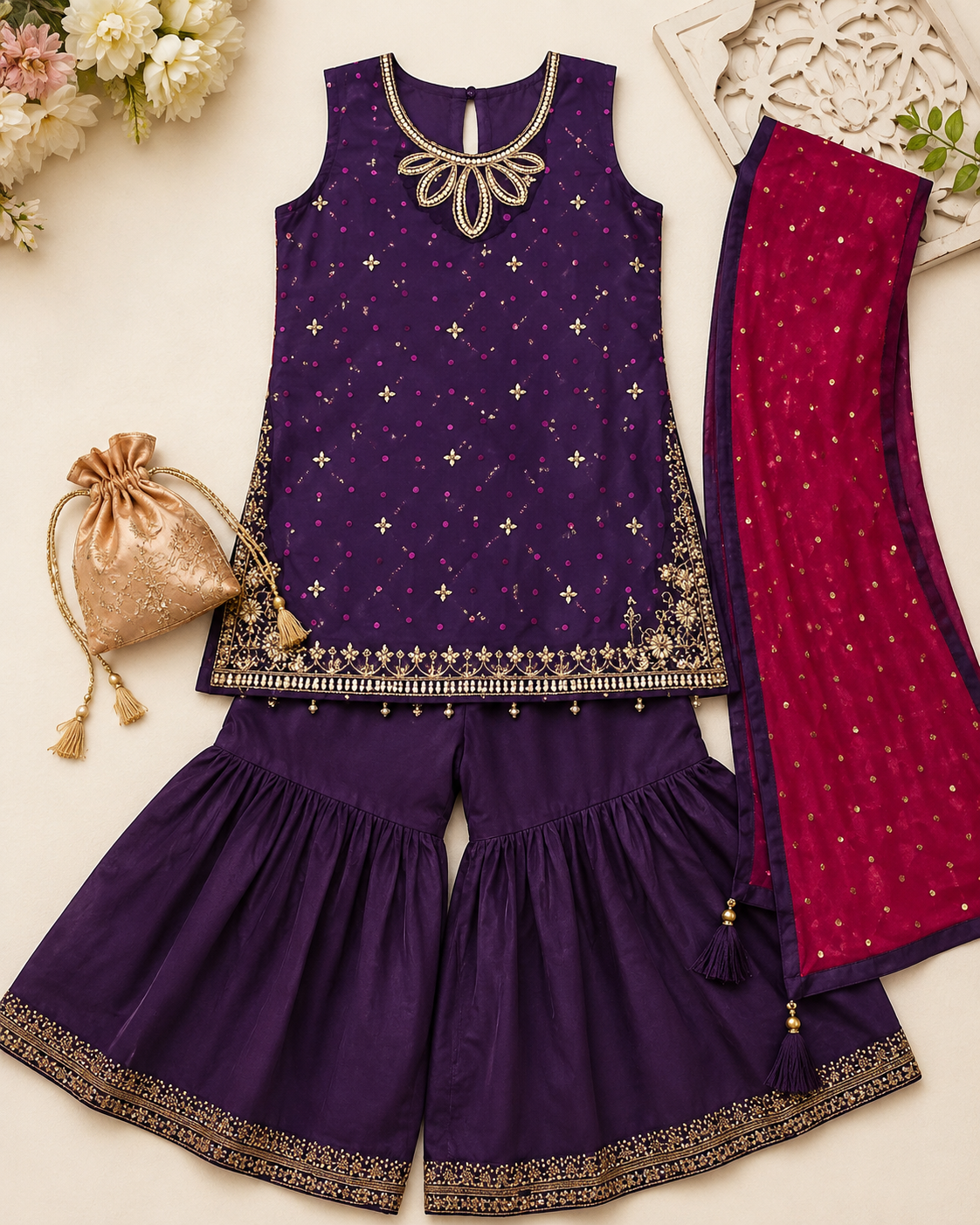 Girls Maroon Ethnic Sharara Set