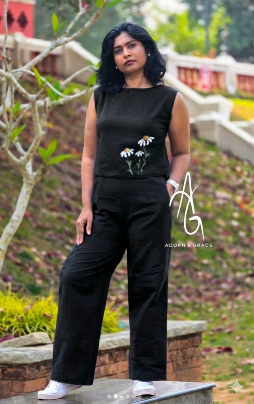 AG029 - Co-ord set Straight Pants and Crop top with Hand painting ( Navy Blue and Black)