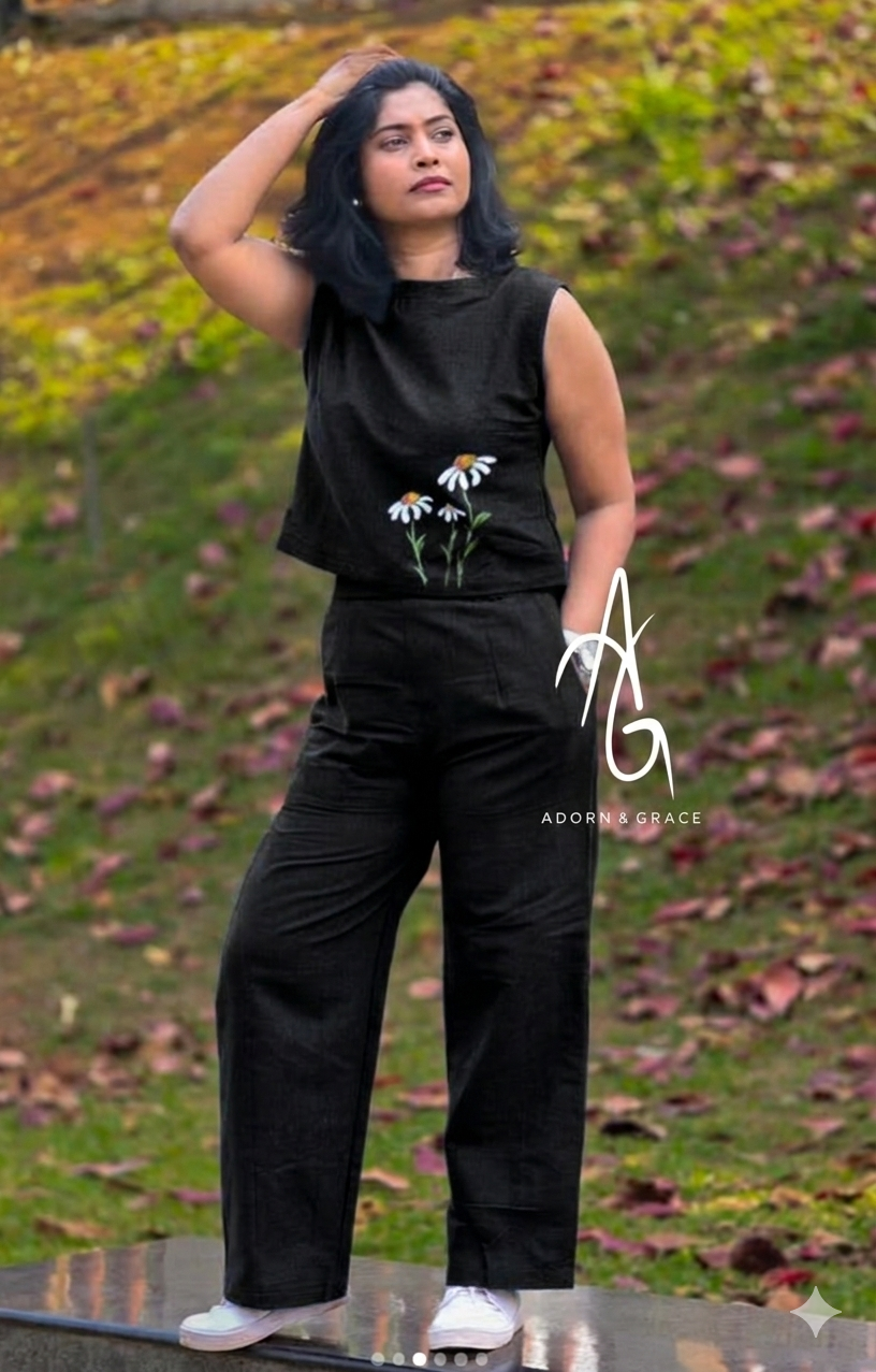 AG029 - Co-ord set Straight Pants and Crop top with Hand painting ( Navy Blue and Black)