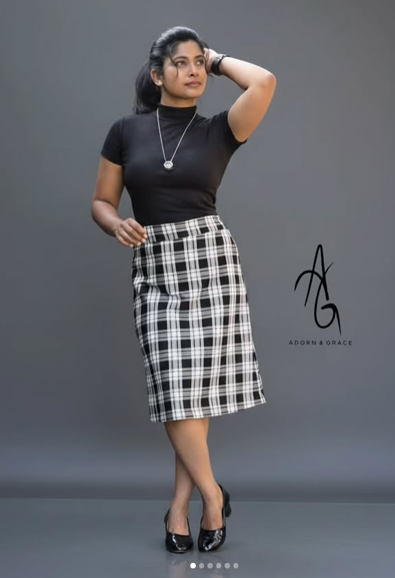 Black & White Plaid Pencil Skirt and Black High neck Top