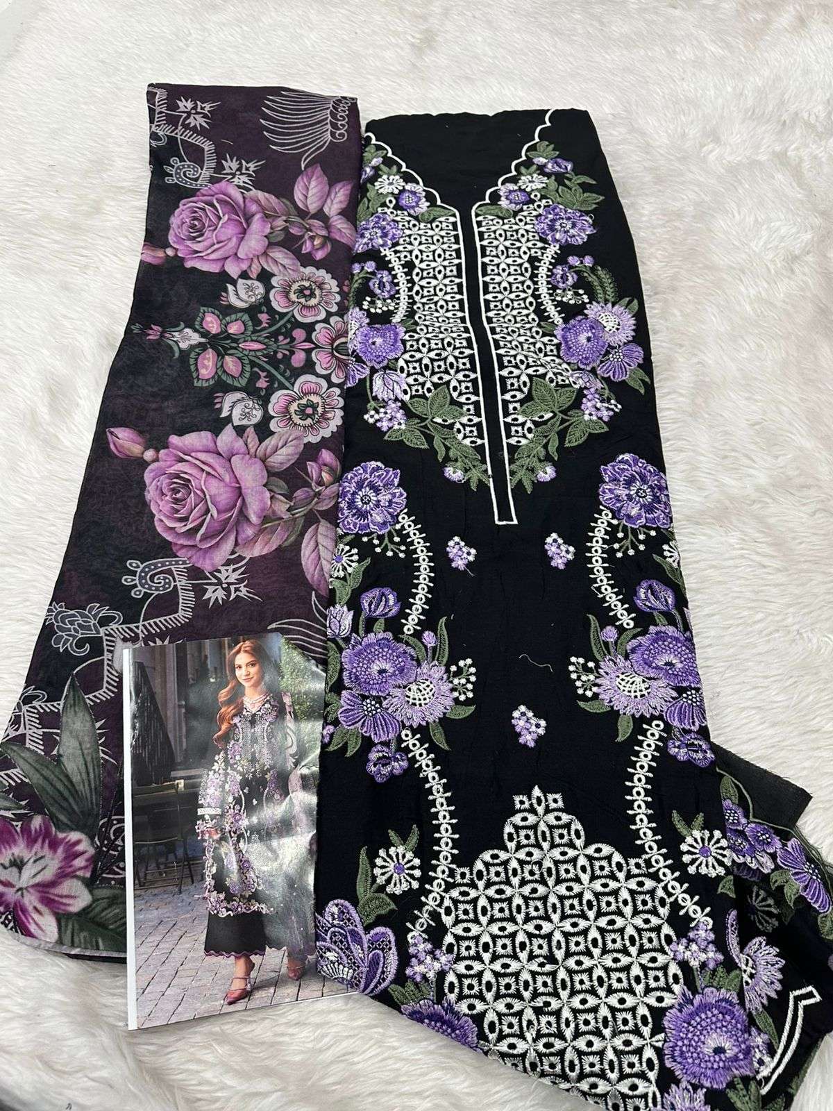 Black Floral Embroidered Cotton Pakistani Suit – 3 Piece Cotton Salwar Kameez with Kota Printed Dupatta