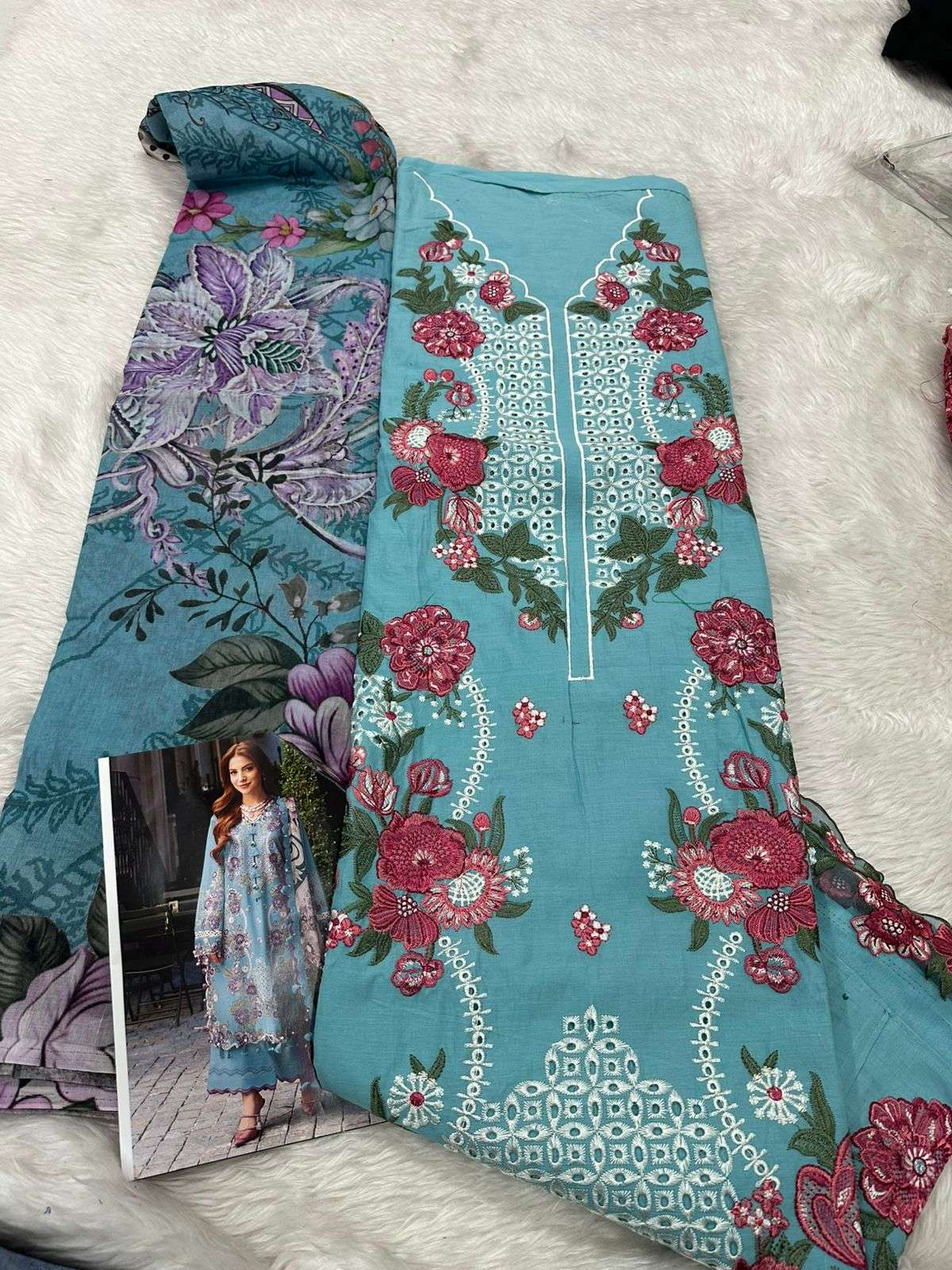 Turquoise Embroidered Cotton Pakistani Suit – 3 Piece Cotton Salwar Kameez with Printed Kota Dupatta