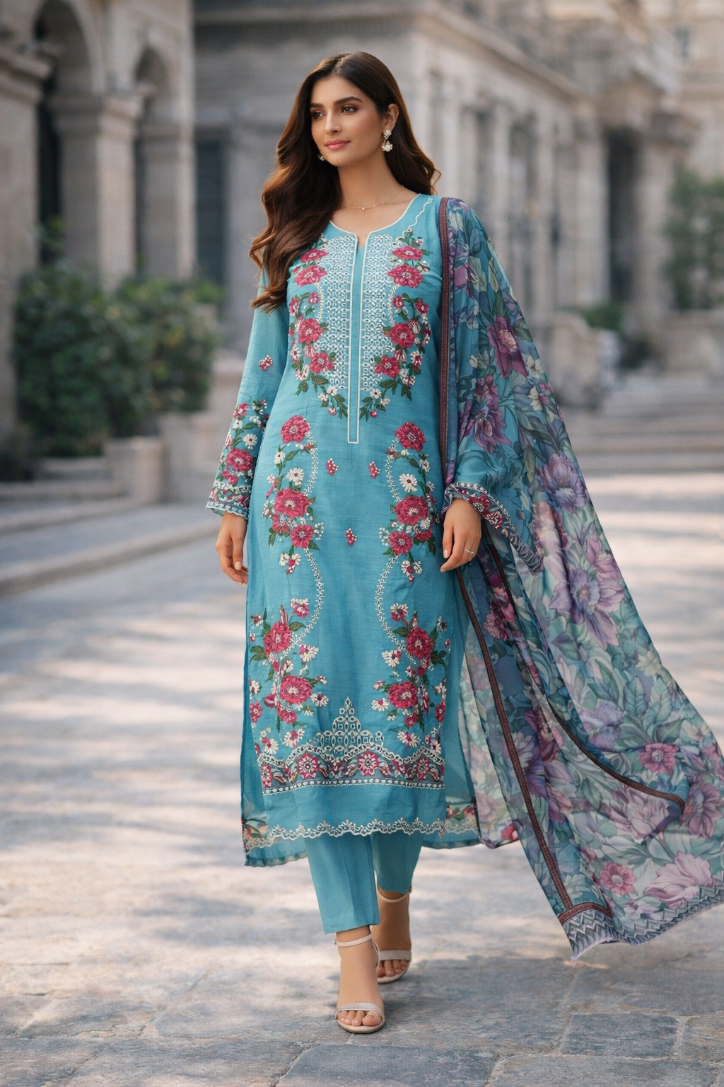 Turquoise Embroidered Cotton Pakistani Suit – 3 Piece Cotton Salwar Kameez with Printed Kota Dupatta