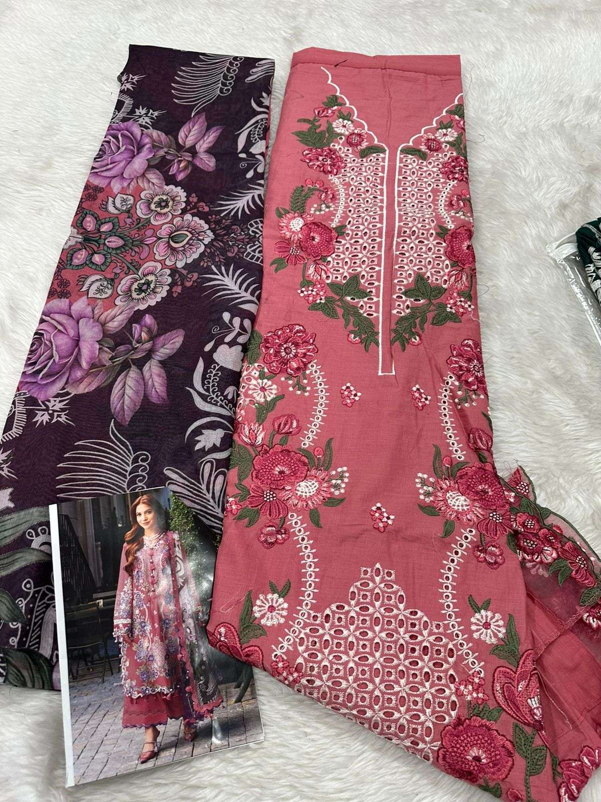 Rose Pink Embroidered Cotton Pakistani Suit – 3 Piece Salwar Kameez with Floral Kota Printed Dupatta