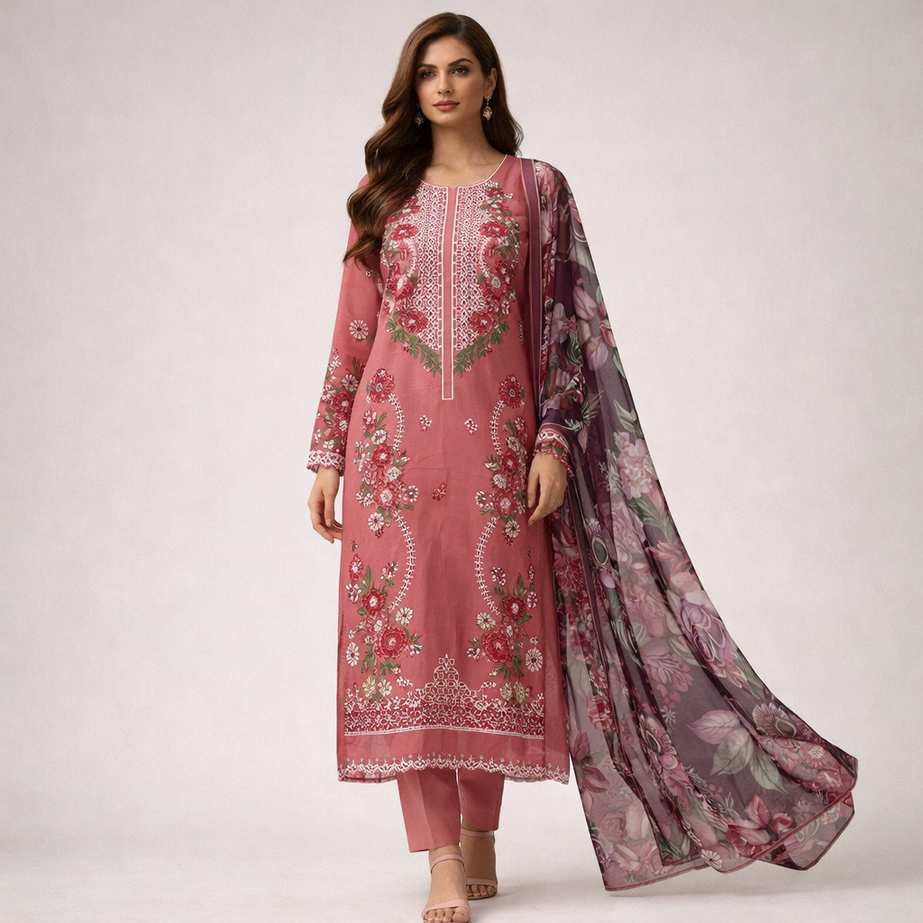 Rose Pink Embroidered Cotton Pakistani Suit – 3 Piece Salwar Kameez with Floral Kota Printed Dupatta