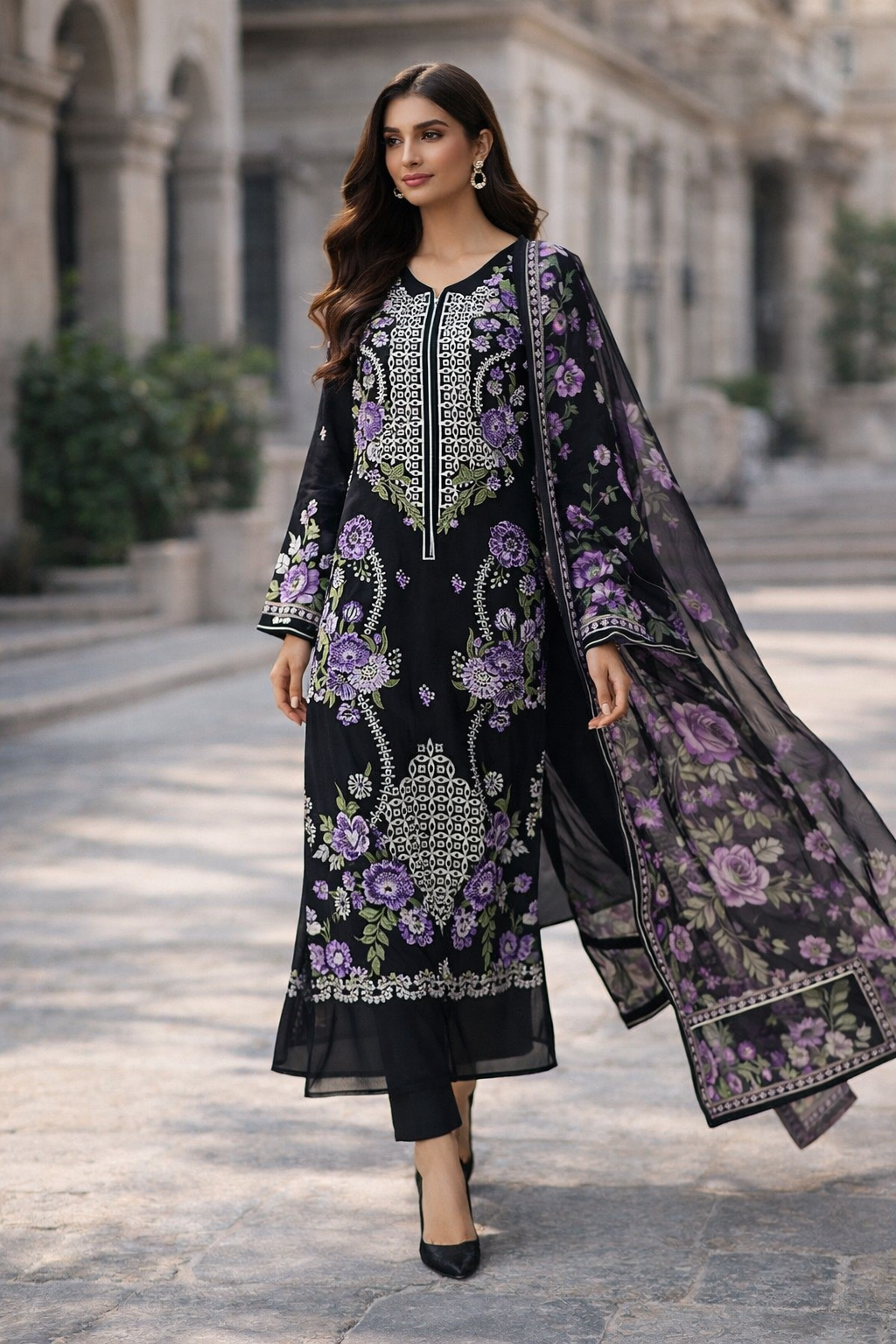 Black Floral Embroidered Cotton Pakistani Suit – 3 Piece Cotton Salwar Kameez with Kota Printed Dupatta