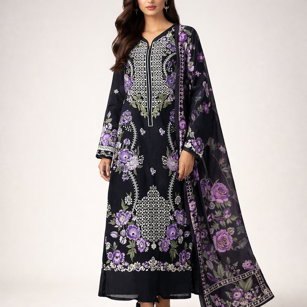 Black Floral Embroidered Cotton Pakistani Suit – 3 Piece Cotton Salwar Kameez with Kota Printed Dupatta