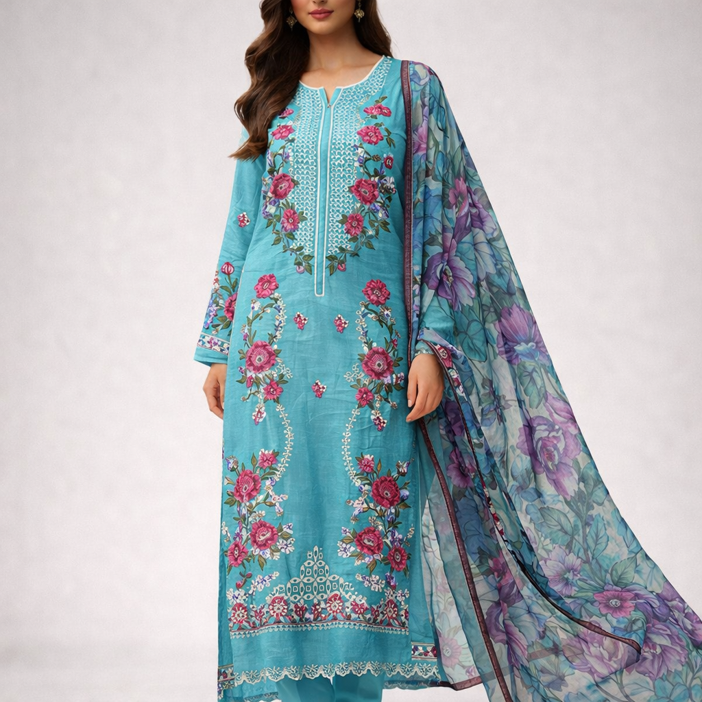 Turquoise Embroidered Cotton Pakistani Suit – 3 Piece Cotton Salwar Kameez with Printed Kota Dupatta