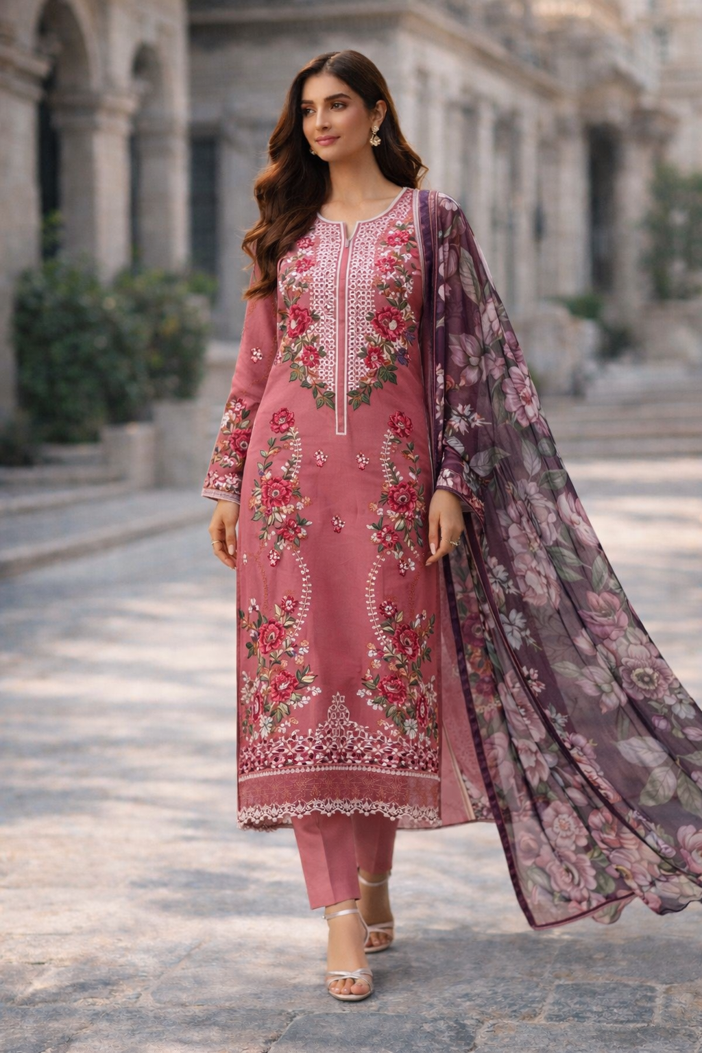 Rose Pink Embroidered Cotton Pakistani Suit – 3 Piece Salwar Kameez with Floral Kota Printed Dupatta